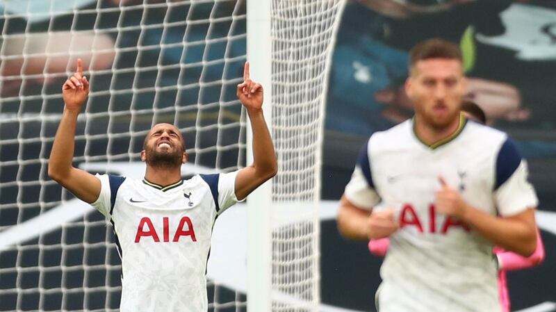 Lucas Moura celebrates after opening the scoring for Spurs against Newcastle. Photograph: Clive Rose/EPA