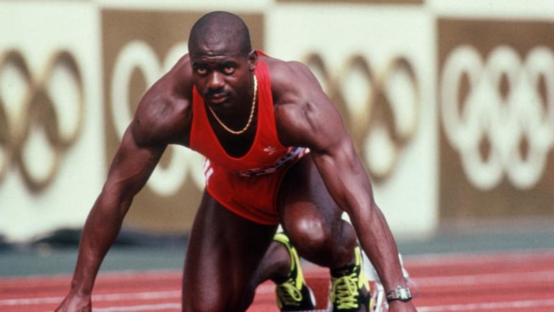 Ben Johnson before the start of the men’s 100m final at the 1988 Olympic Games in Seoul. Photograph: Tony Duffy/Allsport