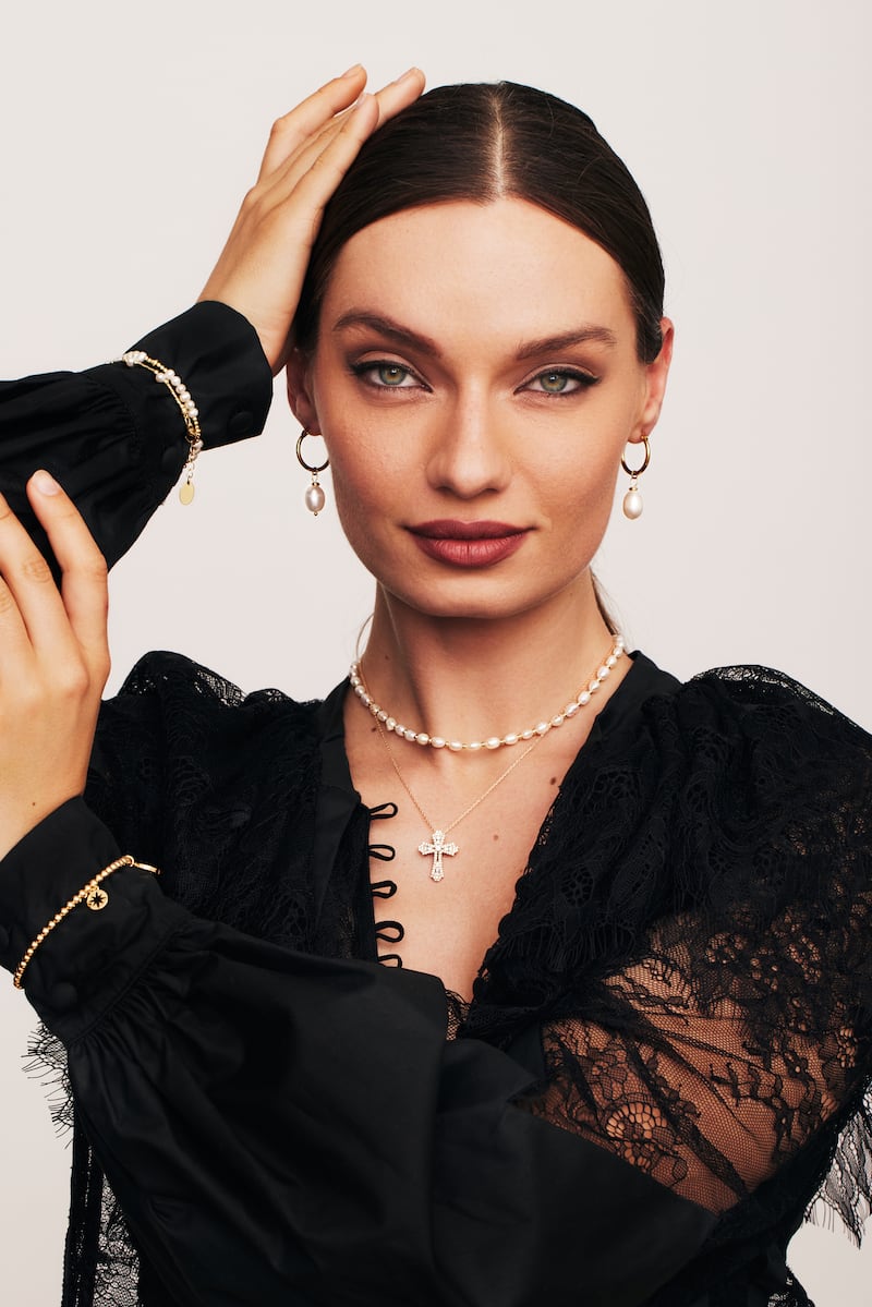 Earrings €36, necklaces €39.95 and €36, bracelets €36 and €45. Dress by Andrea Bogdan, RRP €1026, on Thrifty €308