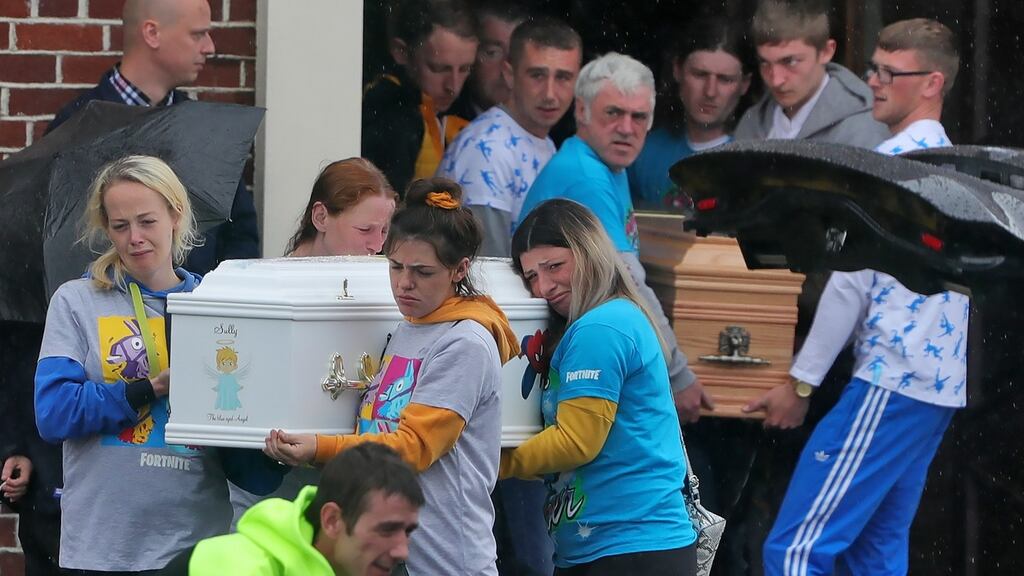 The remains are carried from St Peter and Paul’s Church, Portlaoise after the funerals of father and son, Vincent and Sully (5) Rossi. Photograph: Colin Keegan/ Collins Dublin