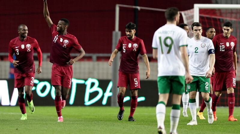 Qatar’s Mohamed Muntari celebrates scoring against the Republic of Ireland during the friendly game at the Nagyerdei Stadion in Debrecen, Hungary in March. Photograph: Laszlo Geczo/Inpho