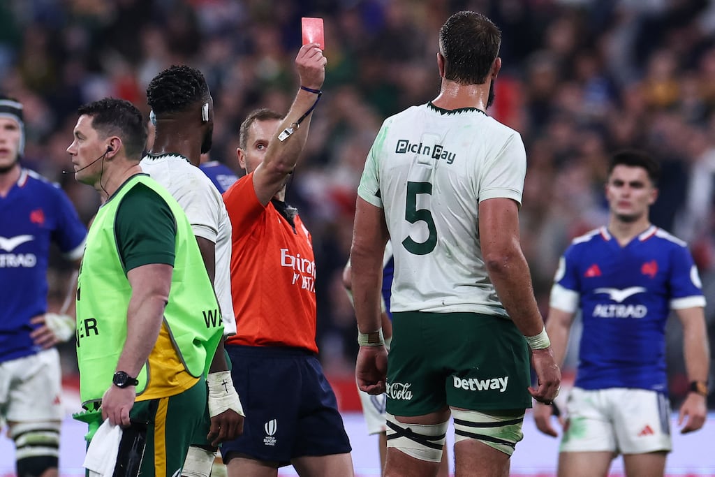 Referee Angus Gardner shows a red card to South Africa's Lood De Jager during last Saturday's Test between France and South Africa at Stade de France, Paris. Photograph: Franck Fife/AFP via Getty Images