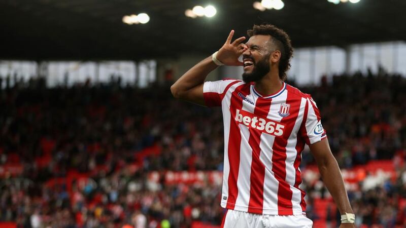 Maxim Choupo-Moting of Stoke City celebrates victory. Photograph: David Rogers/Getty Images