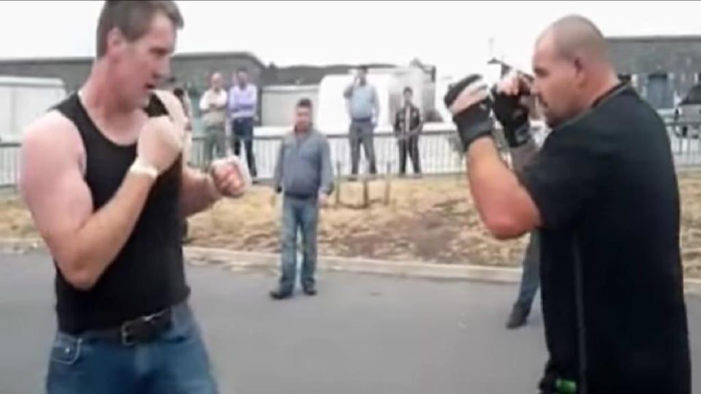 Patrick “Jaws” Ward (left) and Barney “The Gorilla” McGinley during a fight at Carrowbrowne Halting Site, Headford Road, Galway on June 12th, 2012.