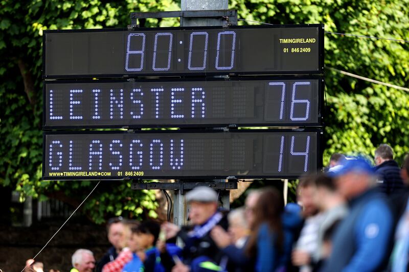 Leinster's scoreboard made for grim reading for Glasgow. Photograph: Laszlo Geczo/Inpho
