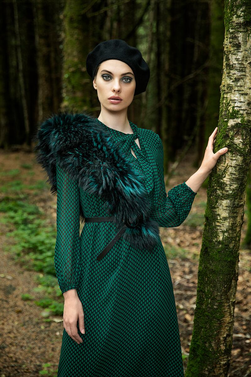 Louise Kennedy: Aubrey dress in black and green printed silk georgette €1,295