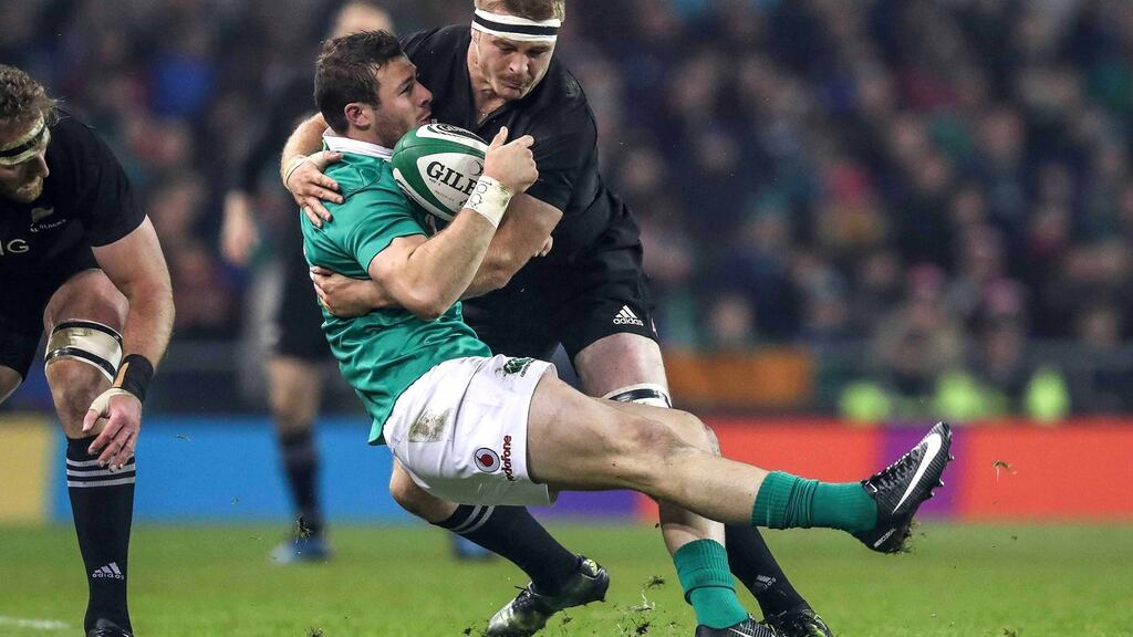 New Zealand’s Sam Cane escaped punishment for his tackle on Robbie Henshaw which ended the Leinster centre’s involvement in the recent Autumn International at the Aviva Stadium. Photograph: Billy Stickland/ Inpho