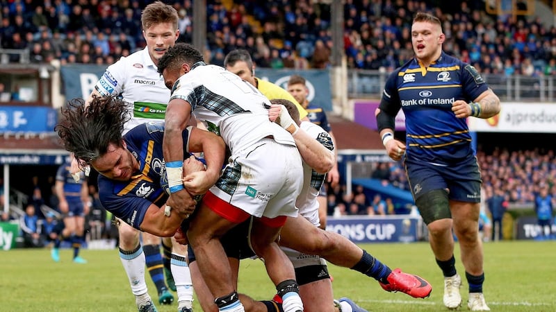 Leinster’s James Lowe scores a try during the Champions Cup game against Glasgow Warriors at the RDS. Photograph: Tommy Dickson/Inpho