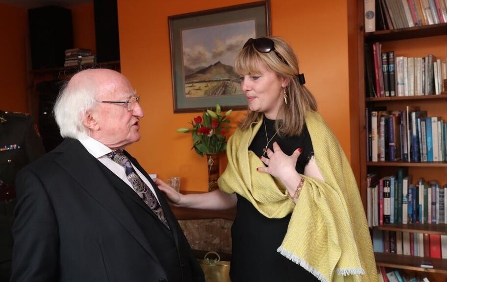 President Michael D Higgins meets Emma Mhic Mhathúna in Co Kerry. Photograph: Emma Mhic Mhathúna