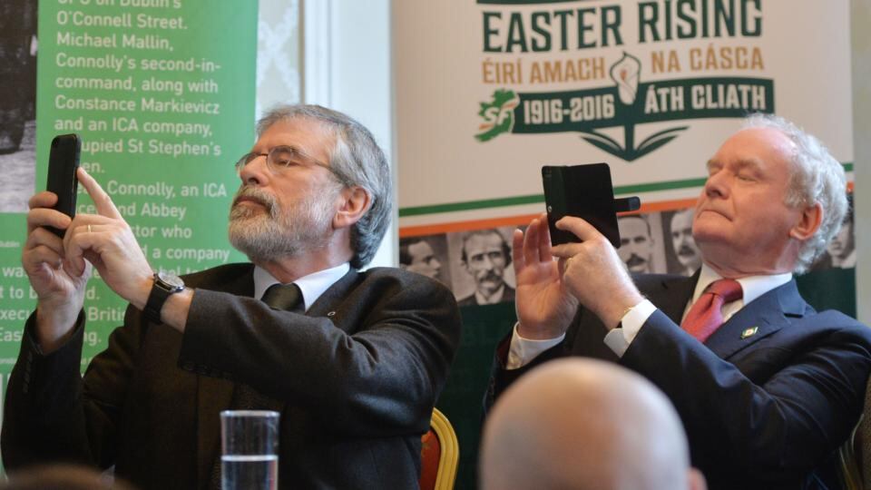 Gerry Adams and Martin McGuinness at the Sinn Féin launch of their 1916 Commemoration Plans at Wynn’s Hotel off Dublin’s O’Connell Street. Photograph: Alan Betson