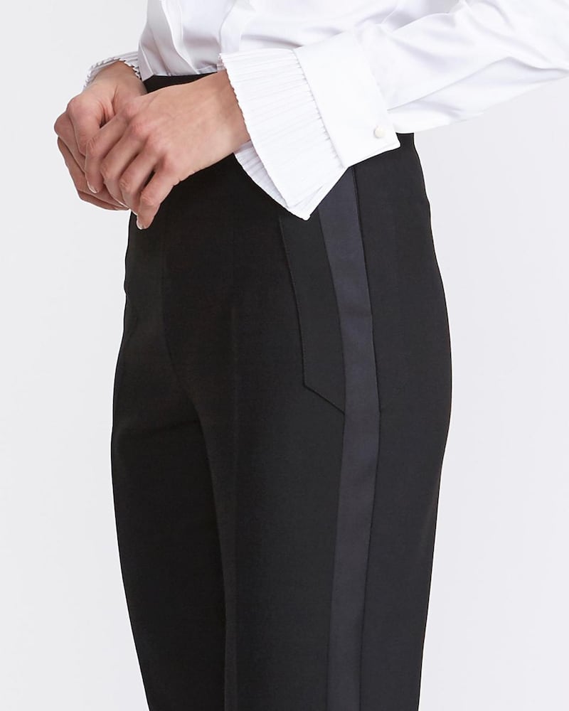 Peter O’Brien for Dunnes Stores: detail of frill-cuff shirt, €120; tuxedo trousers, €150