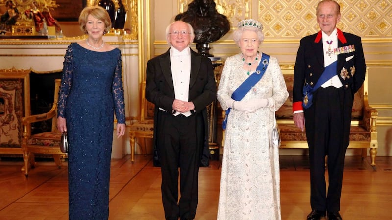 President Michael D. Higgins, his wife Sabina Coyne, Queen Elizabeth II and Prince Philip, Duke of Edinburgh, ahead of a state banquet in Windsor. Photograph: Dan Kitwood/ Reuters