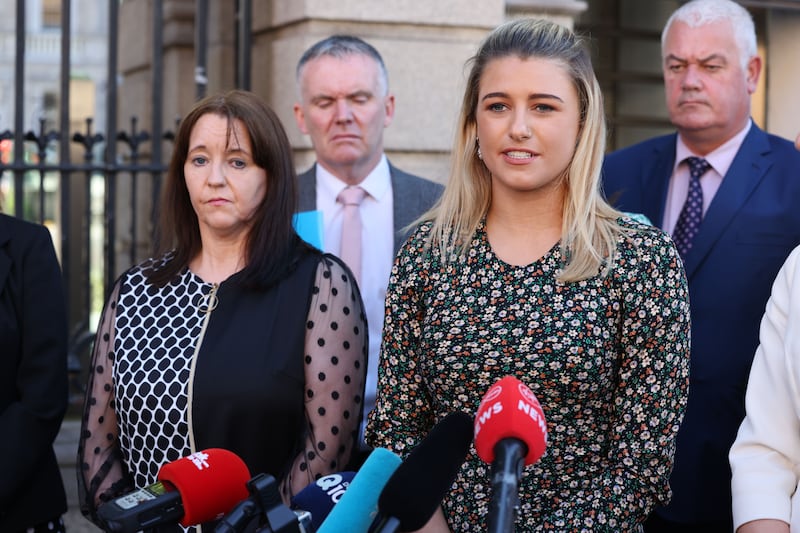 Una Ring and Eve McDowell, co-founders of Stalking Ireland, outside Leinster House in December 2021. Photograph: Dara Mac Dónaill