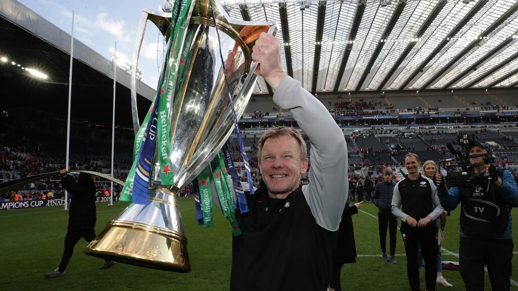 Mark McCall with the Champions Cup trophy after his side’s win over Leinster. Photograph: Billy Stickland/Inpho