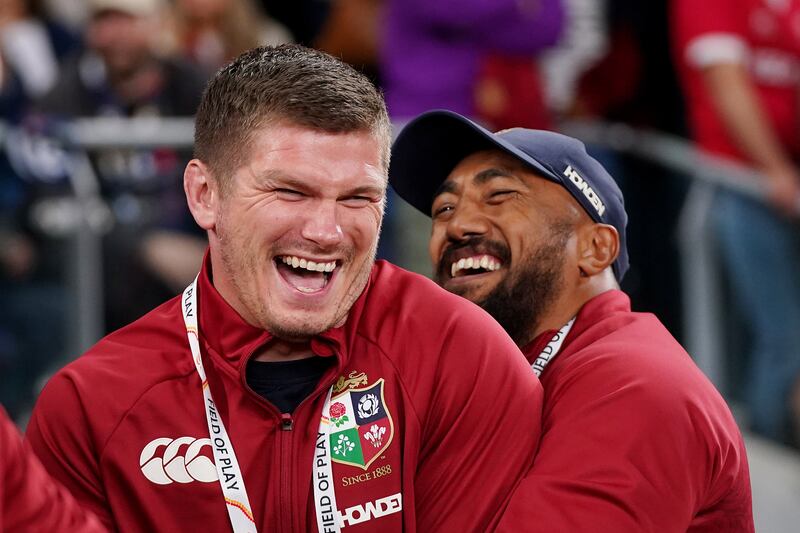 Owen Farrell and Bundee Aki after the game against the Waratahs. Photograph: Robbie Stephenson/PA