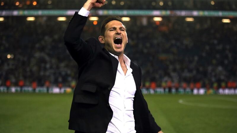 Frank Lampard celebrate Derby County’s stunning win over Leeds. Photograph: Nick Potts/PA