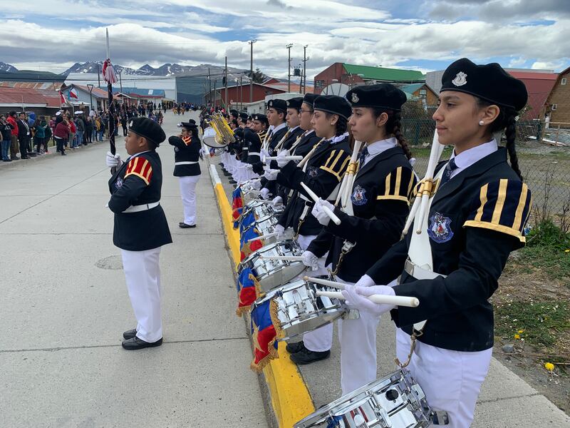 Children of the Banda de Guerra, the local school band, take part in the parade marking the 69th anniversary of the founding of Puerto Williams. Photograph: Peter Murtagh
