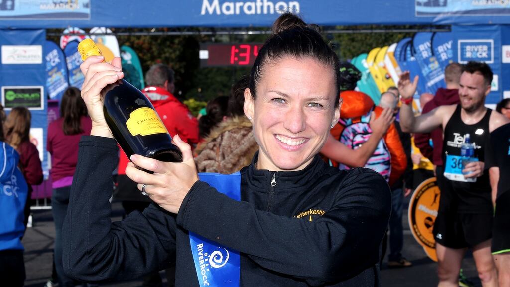 Caitriona Jennings celebrates winning the Belfast marathon in 2017. “I’ve always felt I had something to prove after London. After the way it went on the day, I just wanted to prove that wasn’t the athlete I was.” Photograph: Jonathan Porter/Inpho