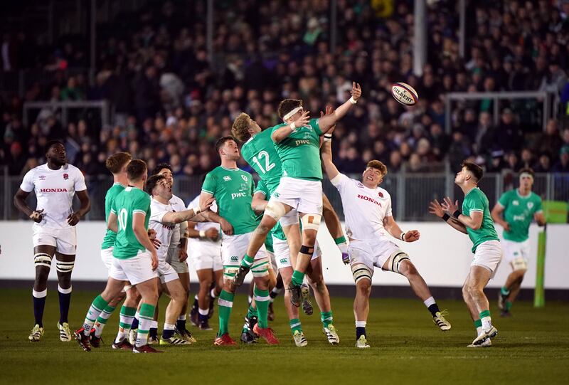 Ireland's Luke Murphy stretches for the ball during the 2024 U20 Six Nations Championship match against England. Photograph: Bradley Collyer/PA Wire