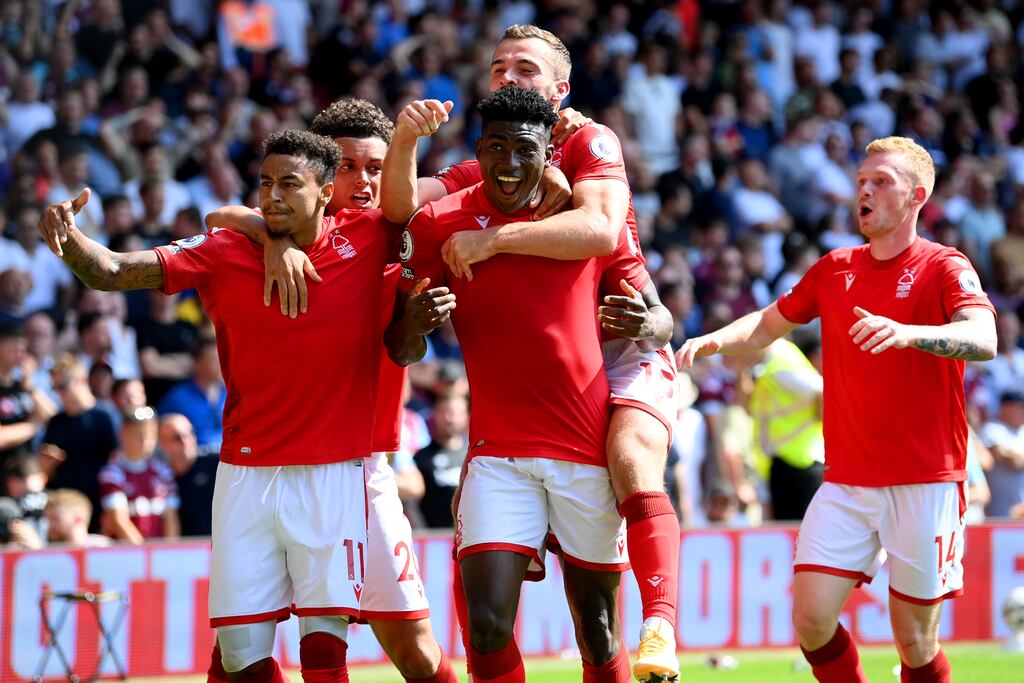 Taiwo Awoniyi celebrates his goal for Nottingham Forest against West Ham United at the City Ground. Photograph: Michael Regan/Getty Images