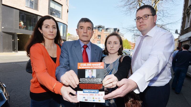 Members of Trevor Deely’s Family- Michele (sister), Michael (father), Pamela (sister) and Mark (brother), at Haddington Road have offered at €100,000 reward for  information relating to the dissappearance.  Photograph: Alan Betson/The Irish Times