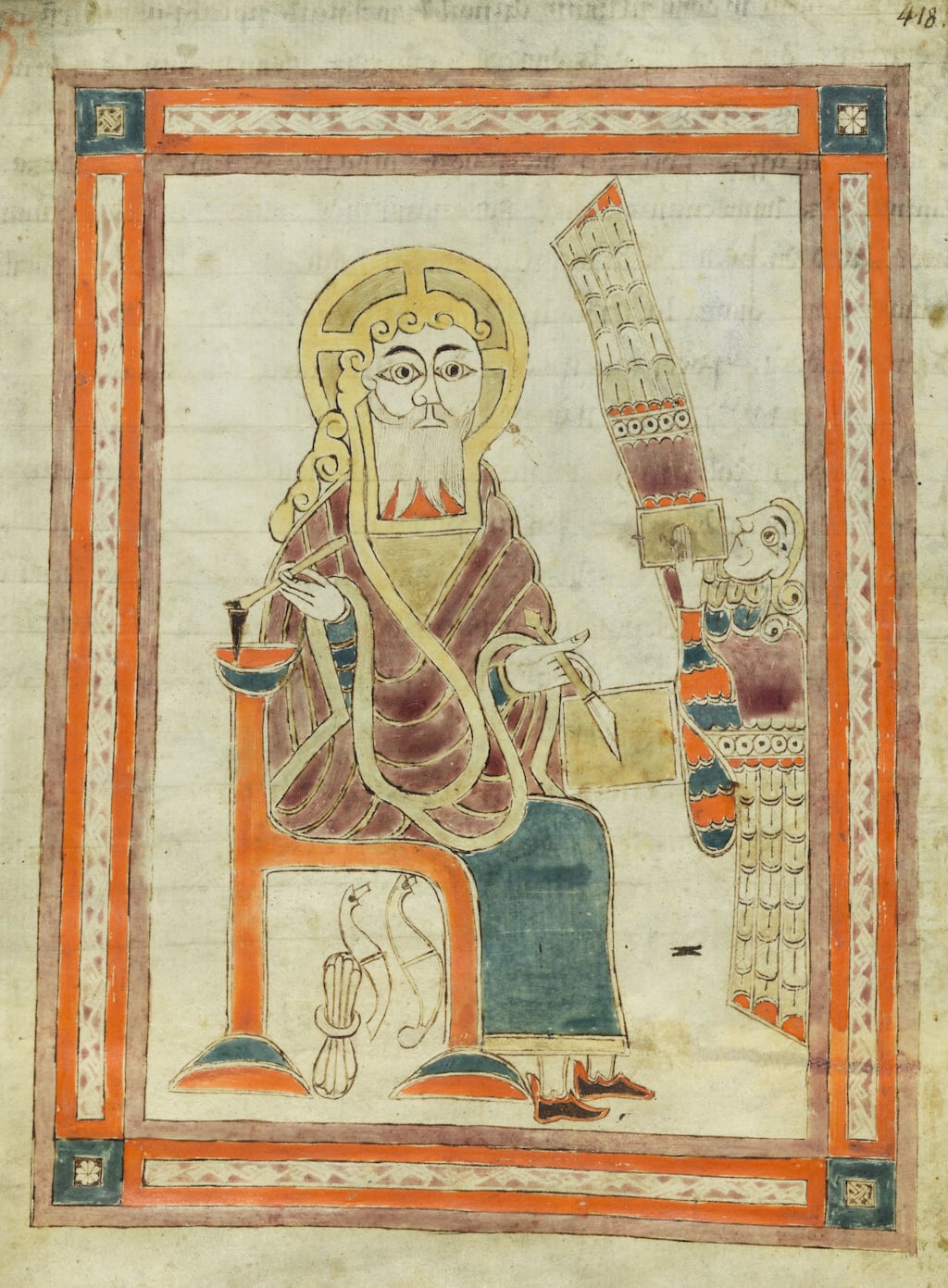 Illuminated page from a mid-eighth century Gospel from St Gallen, Switzerland, showing St Matthew and thought to originate from the Irish midlands