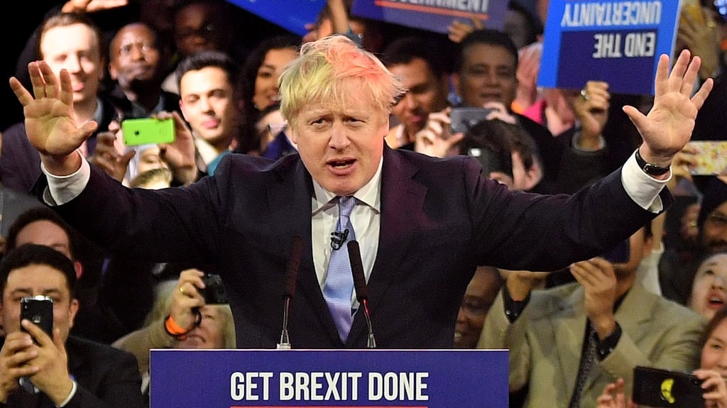 Boris Johnson at the Copper Box Arena in London, on Wednesday. Britain’s prime minister spent the final day of the  campaign trying to persuade voters to  give him a governing majority. Photograph: Leon Neal/Getty Images