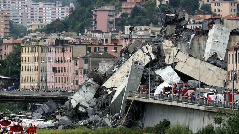 The collapsed Morandi Bridge in Genoa after its collapse, in August  2018. File photograph: Stefano Rellandini/Reuters