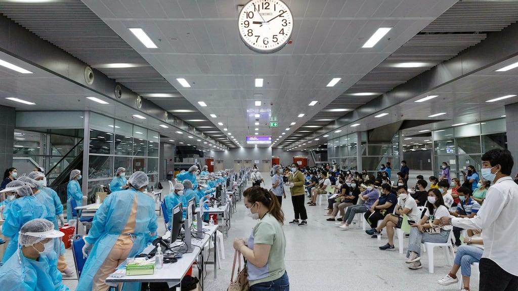 A mass vaccination centre in the Bang Sue Grand Station rail hub in Bangkok, Thailand. This pandemic is, above all, a health crisis, but it is also an economic disaster. Photograph: Bloomberg