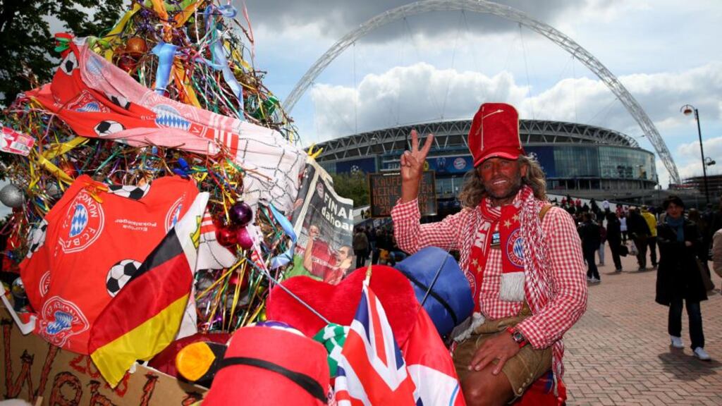 A Bayern Munich fan outside Wembley Stadium ahead of the Champions League final against Borussia Dortmund at Wembley Stadium. Photograph: Alex Livesey/Getty Images