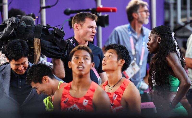 Paris 2024 Olympic Games: Ireland’s Rhasidat Adeleke with RTÉ’s David Gillick after finishing fourth. Photograph: Ryan Byrne/Inpho