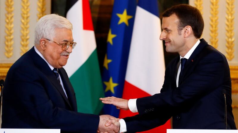 French president Emmanuel Macron and Palestinian president Mahmoud Abbas. Photograph: François Mori/Pool/Reuters