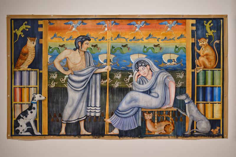 John Kindness, Penelope & Telemachus, 2022, gouache and varnish on paper. Photograph: Ros Kavanagh