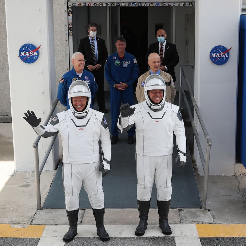 Astronauts Doug Hurley and Bob Behnken in their SpaceX suits in Cape Canaveral. Photograph: Joe Raedle/Getty