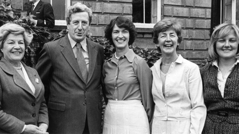Fine Gael TDs Myra Barry, Alice Glenn, Nora Owen, Nuala Fennell and Mary Flaherty with Fine Gael leader Garret Fitzgerald in June 1981. Photograph: Peter Thursfield
