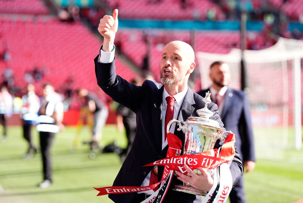 Manchester United manager Erik Ten Hag celebrating after winning the FA Cup at Wembley Stadium, London, on Saturday. Photograph: Nick Potts/PA Wire