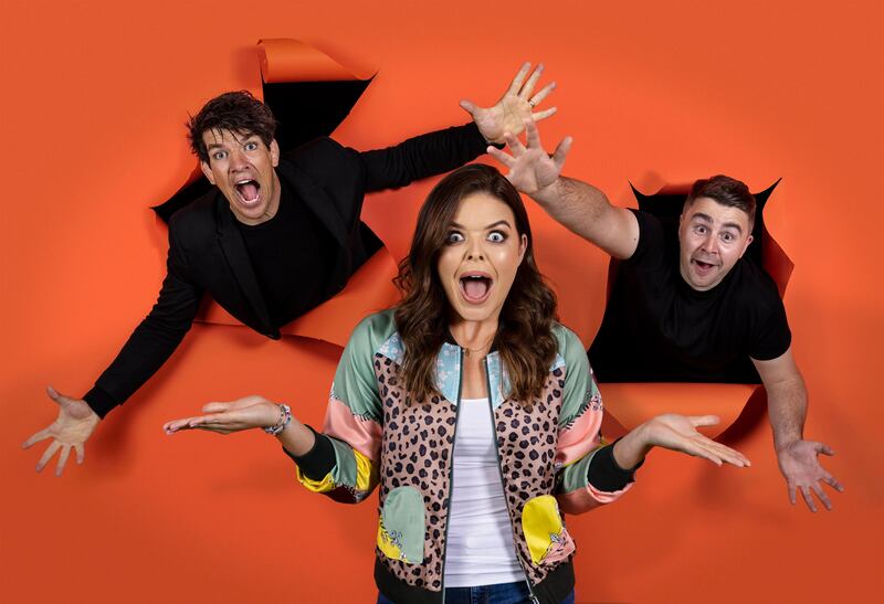 2FM Breakfast: Donncha O’Callaghan, Doireann Garrihy and Carl Mullan. Photograph: Andres Poveda/RTÉ
