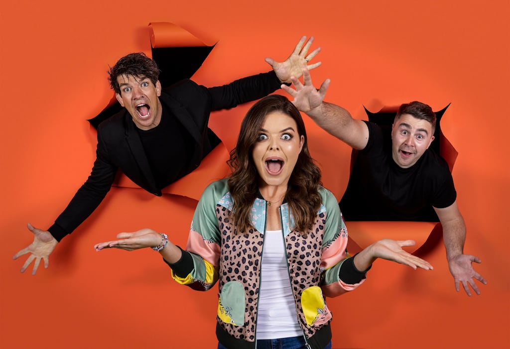 Doireann Garrihy with her 2FM Breakfast co-presenteres 2FM Breakfast: Donncha O’Callaghan and Carl Mullan. Photograph: Andres Poveda/RTÉ