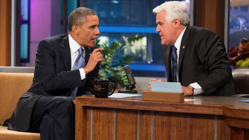 President Barack Obama with Jay Leno during an appearance on The Tonight Show in Los Angeles. Photograph: Doug Mills/The New York Times