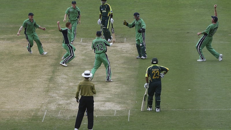 Kevin O’Brien celebrates taking the wicket of Pakistan’s Shoaib Malik, caught behind the stumps by his brother Niall, during the 2007 World Cup match at Sabina Park in Kingston, Jamaica. Photograph: Paul Gilham/Getty Images