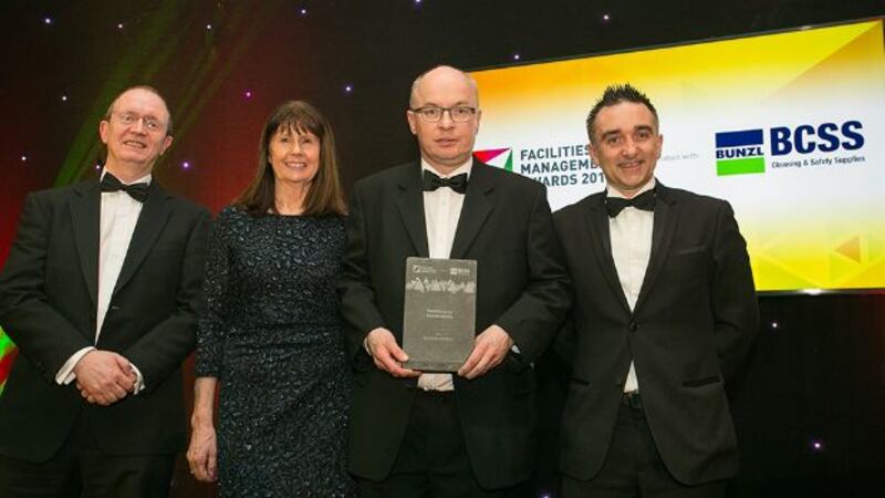 Pat Gaughan, Managing Director, Advanced Workplace Solutions presents the Excellence in Sustainability award to Josephine McEvoy, Michael Dodd and John Nolan, An Garda Síochána