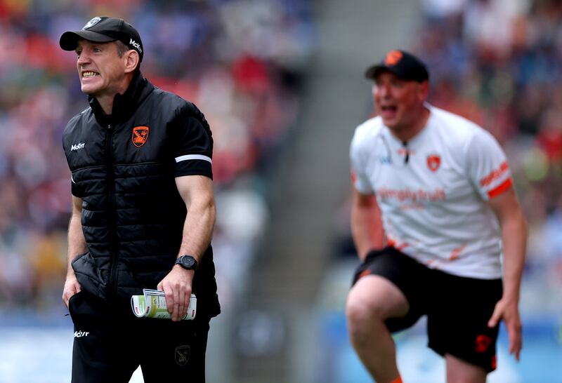 Armagh’s manager Kieran McGeeney and Kieran Donaghy on the sideline during the All-Ireland semi-final against Kerry. Photograph: James Crombie/Inpho