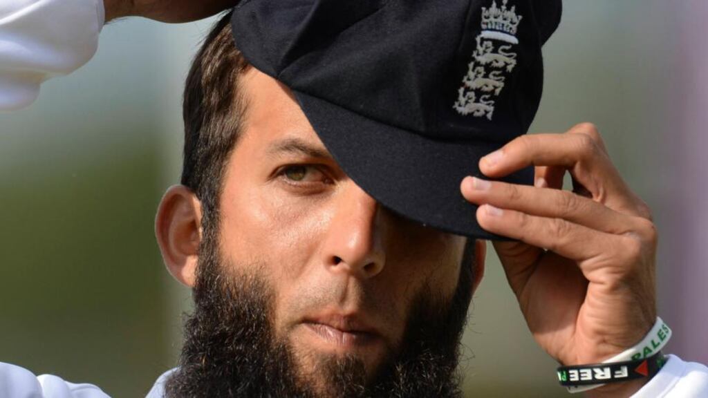 England’s Moeen Ali wears wristbands supporting Gaza and Palestine during the third cricket test match against India at the Rose Bowl cricket ground in Southampton.   Photograph: Philip Brown/Reuters