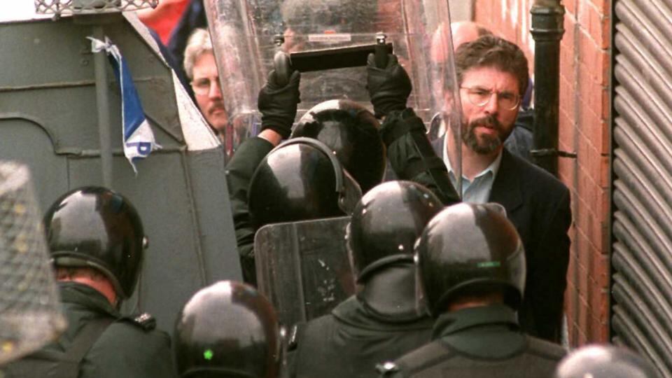 Protest: Gerry Adams at a demonstration against an Orange parade in Belfast in 1996. Photograph: Alan Lewis/AFP/Getty