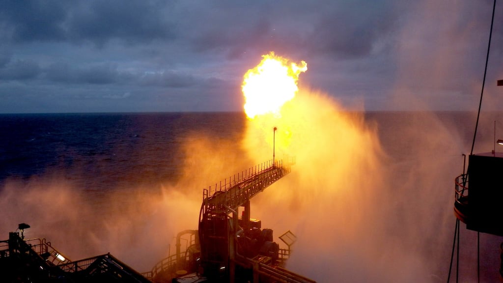 A gas flare lights up the Atlantic skyline during a well production test at the Corrib gas field, 80km off the Co Mayo coast
