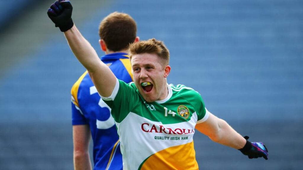 Offaly’s Nigel Dunne celebrates scoring a goal against Longford. Photo: Cathal Noonan/Inpho