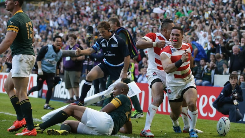 Japan beat South Africa in the 2016 Rugby World Cup. Photograph: Steve Bardens/World Rugby/World Rugby via Getty Images