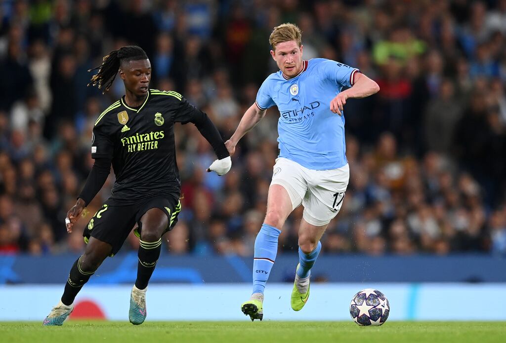 Eduardo Camavinga of Real Madrid battles for possession with Kevin De Bruyne of Manchester City. Photograph: Michael Regan/Getty