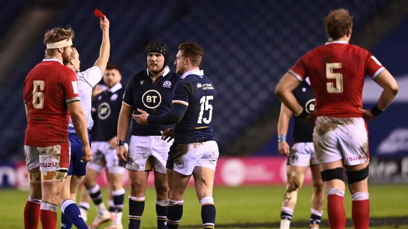 Zander Fagerson is shown a red card during Scotland’s narrow defeat to Wales. Photograph: Stu Forster/Getty
