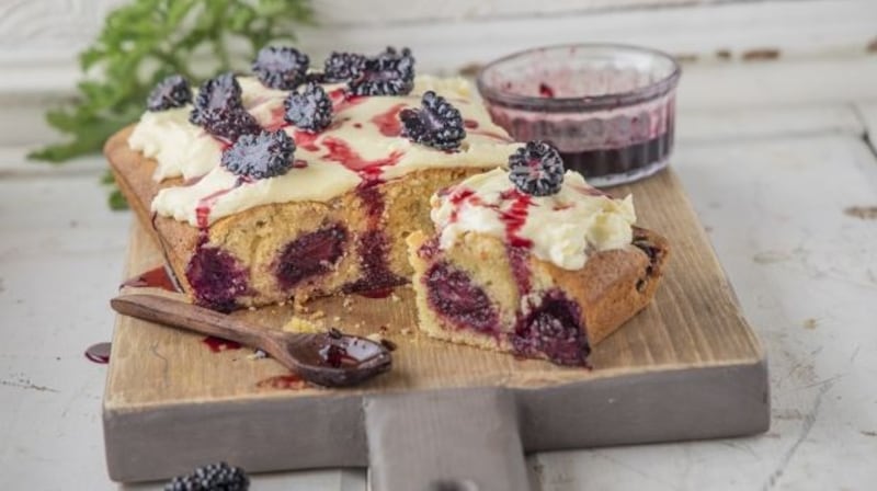 Blackberry cake with cream cheese icing and blackberry coulis